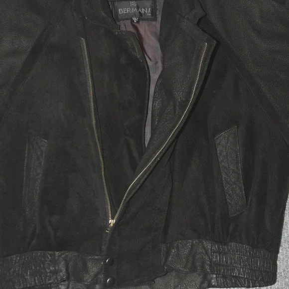 BERMANS Bomber Jacket Mens L Black Leather Suede Full Zip Lined Made Korea